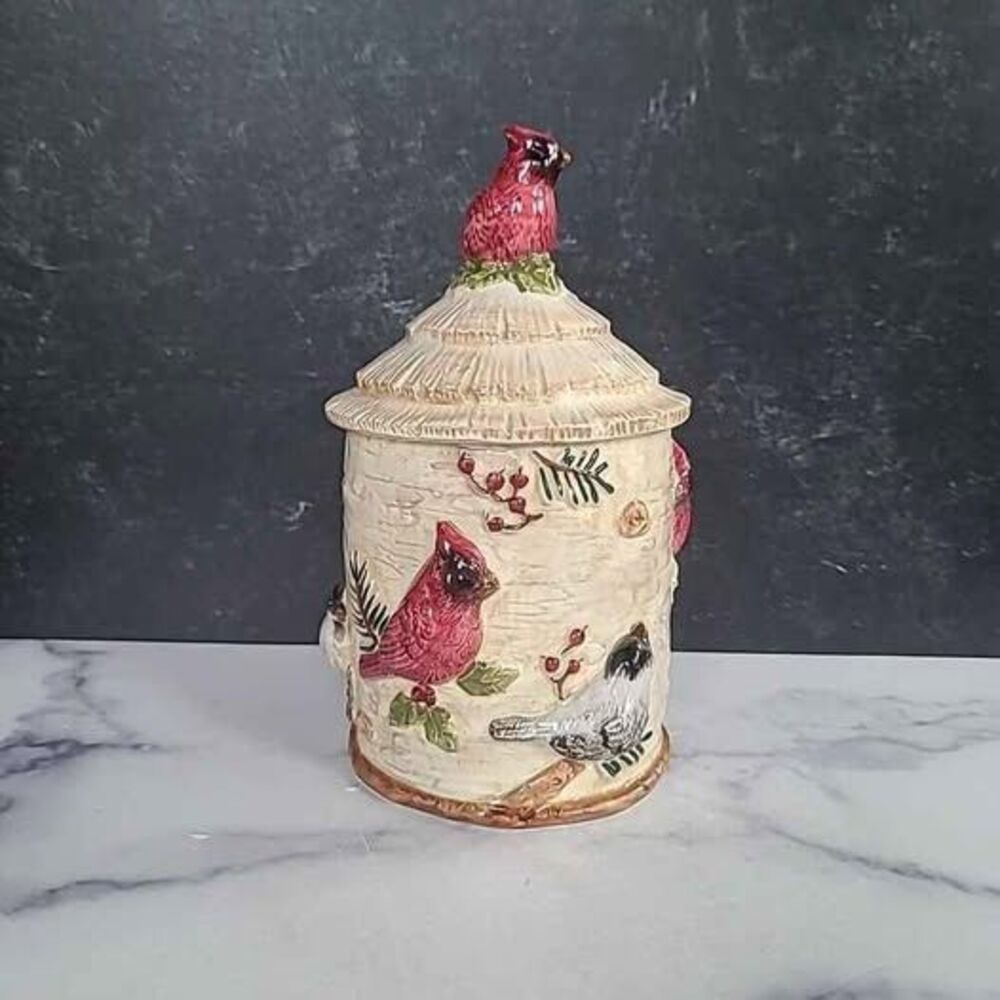 Sonoma Home Goods "Make the Season Bright" cardinal and chickadee ceramic Jar